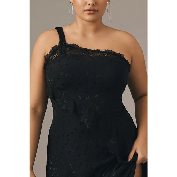 NWT Anthropologie Asymmetrical Lace Maxi Dress $198 SIZE 14P Black ONE SHOULDER - Picture 5 of 5